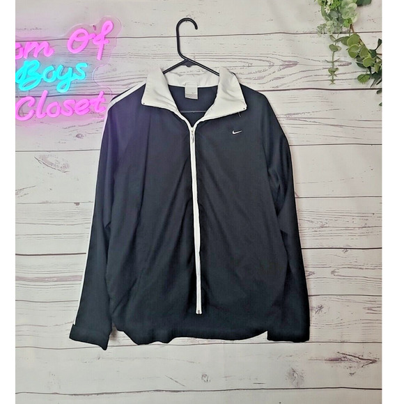 Nike Black White Swoosh Logo Full Zip Athletic Windbreaker Jacket Womans Size XL - Picture 1 of 5